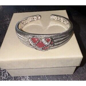Judith Ripka Caged Rose Quartz Pink Heart Shaped Diamonique Bangle Cuff EUC